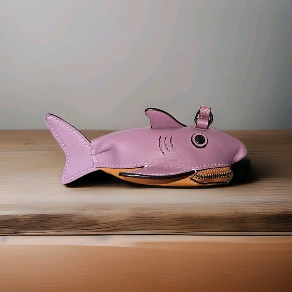 NWT COACH Sharky Coin Case Mini Leather Dark Primrose - Picture 1 of 13